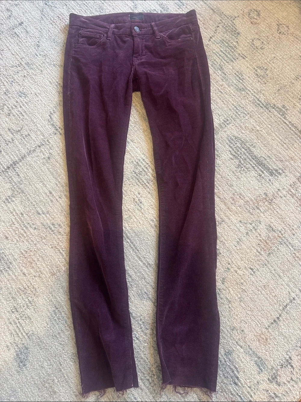 MOTHER the looker Women's Corduroy Pants in Deep Plum with frayed hem